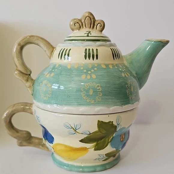 Tracy Porter Hand Painted Tea for One Teapot & Cup Vintage Pear Design Decor